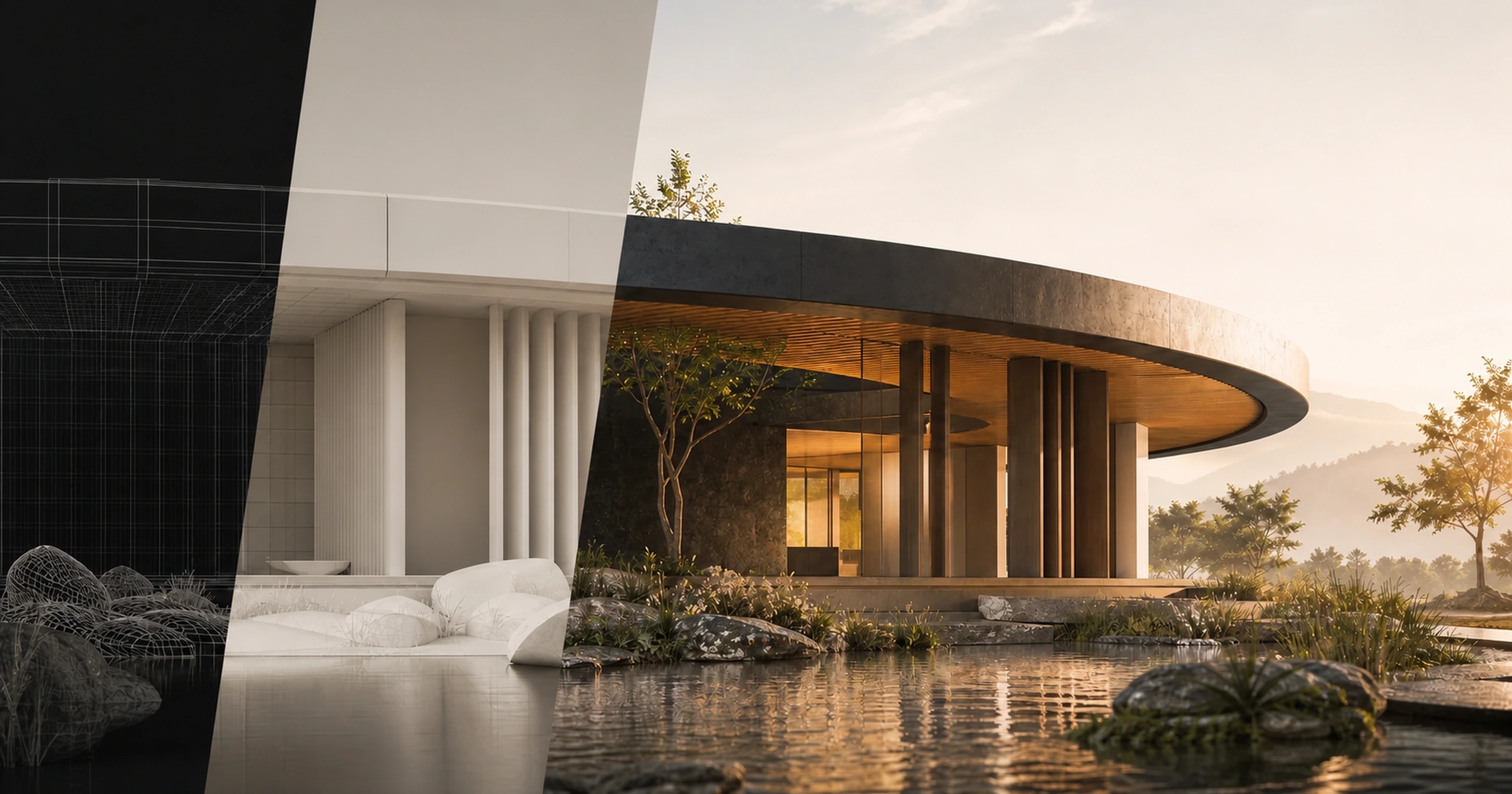 Original architectural pavilion developing from wireframe into a photoreal render