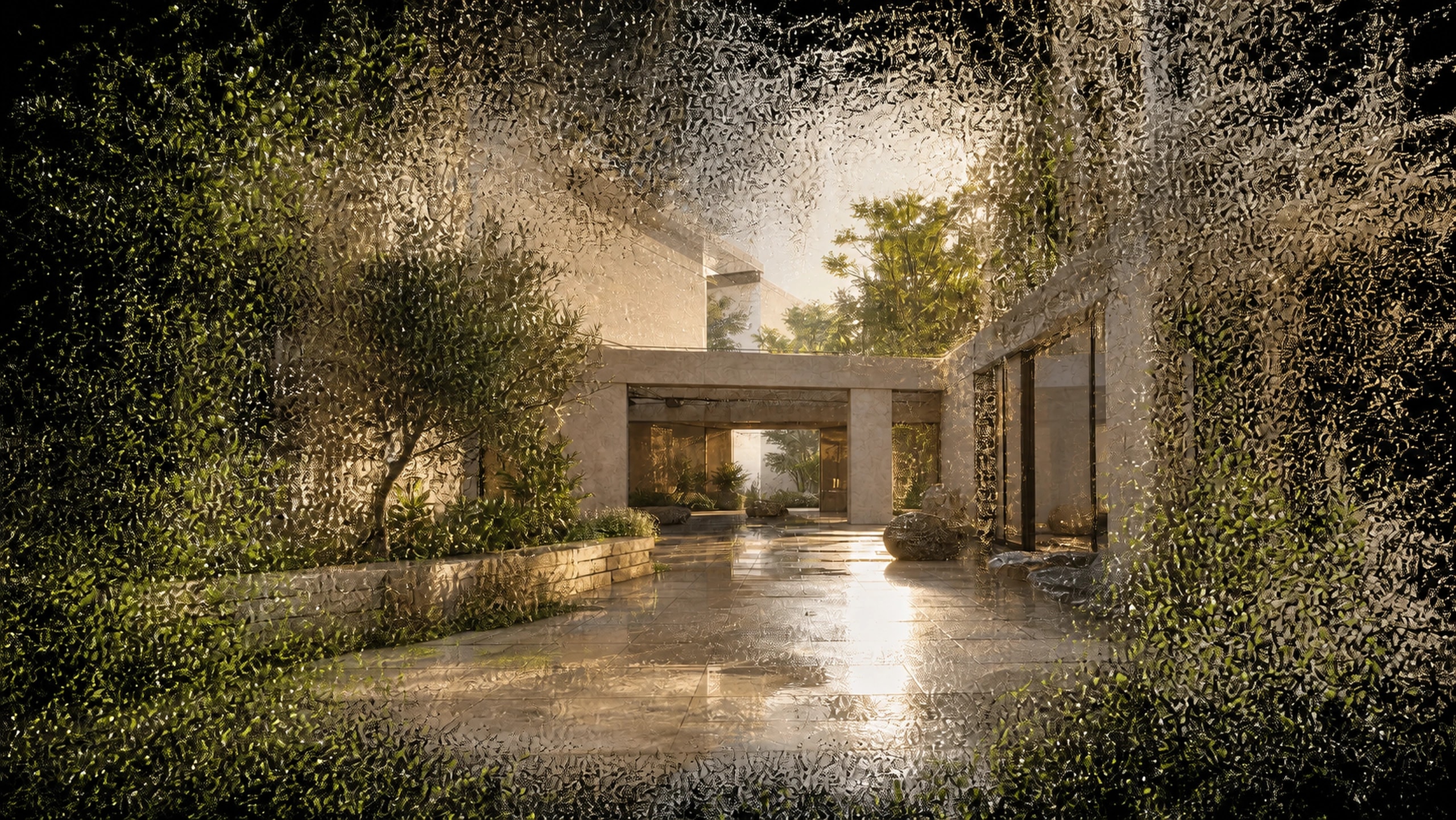 Modern courtyard reconstructed as luminous Gaussian splat particles