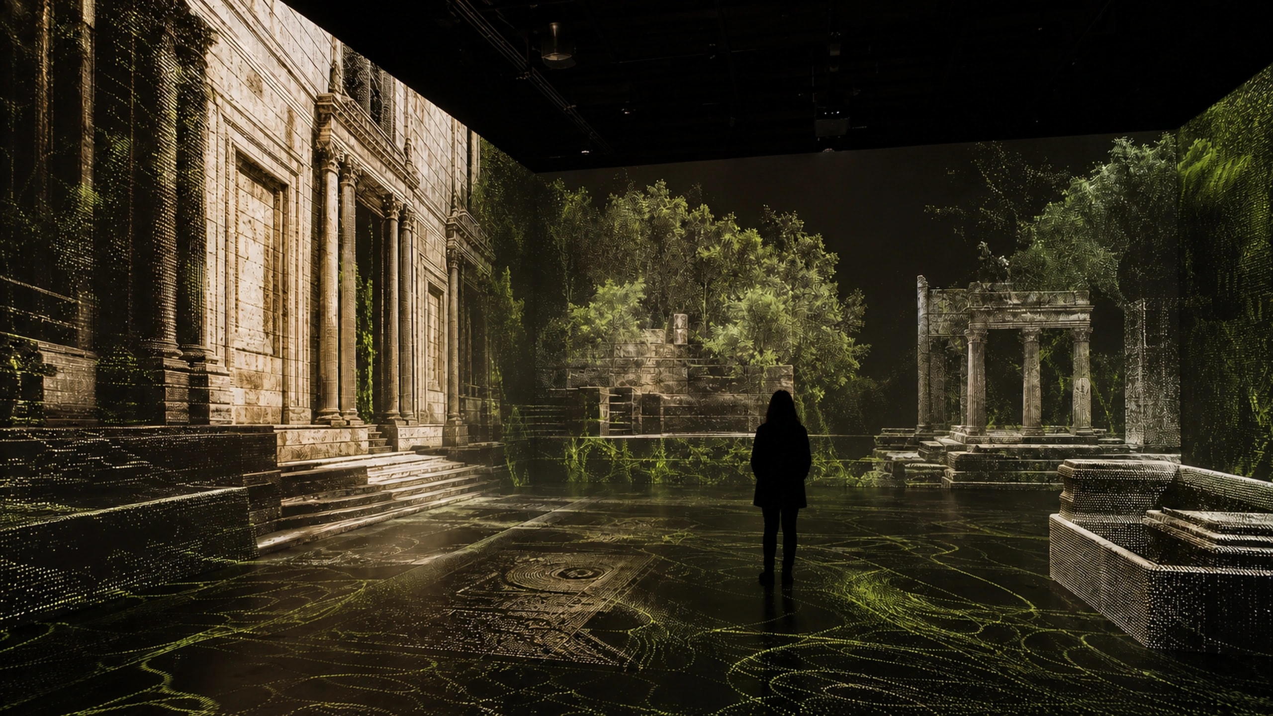 Visitor inside a panoramic projection room showing a point-cloud environment